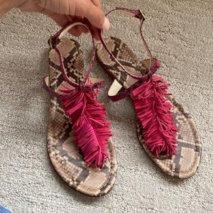 Vero Cuoio - VISCONTI & DU REAU PINK/ SNAKE SUEDE FRINGED THONG SANDAL